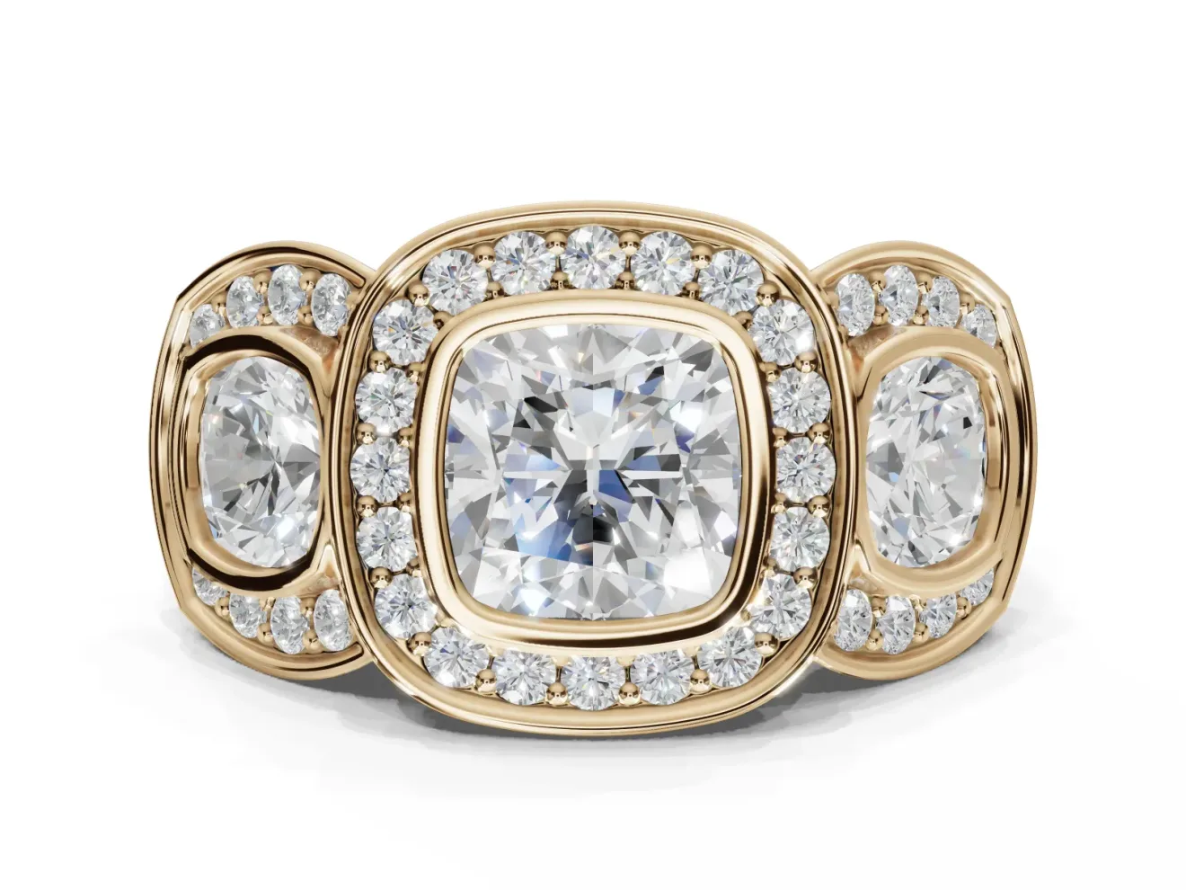 Cushion Cut Three Stone Halo Engagement Ring Setting | Bezel Set | Yellow Gold