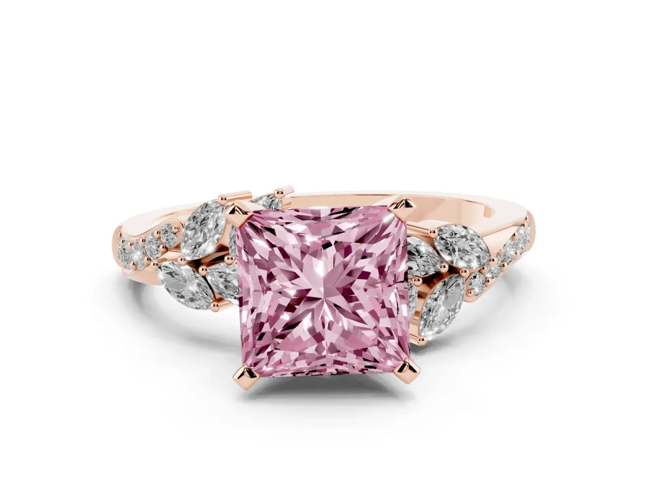 Princess Cut Floral Engagement Ring Setting for a Fancy Pink Lab-Grown Diamond | Marquise Side Stones | Rose Gold