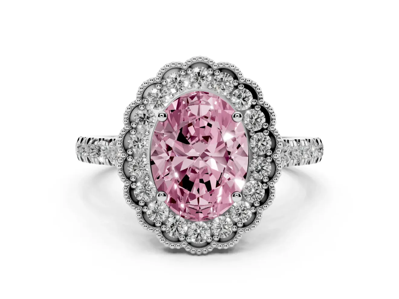 Fancy Pink Oval Cut Diamond Milgrain Floral Halo Engagement Ring Set in Silver with Pavé Band