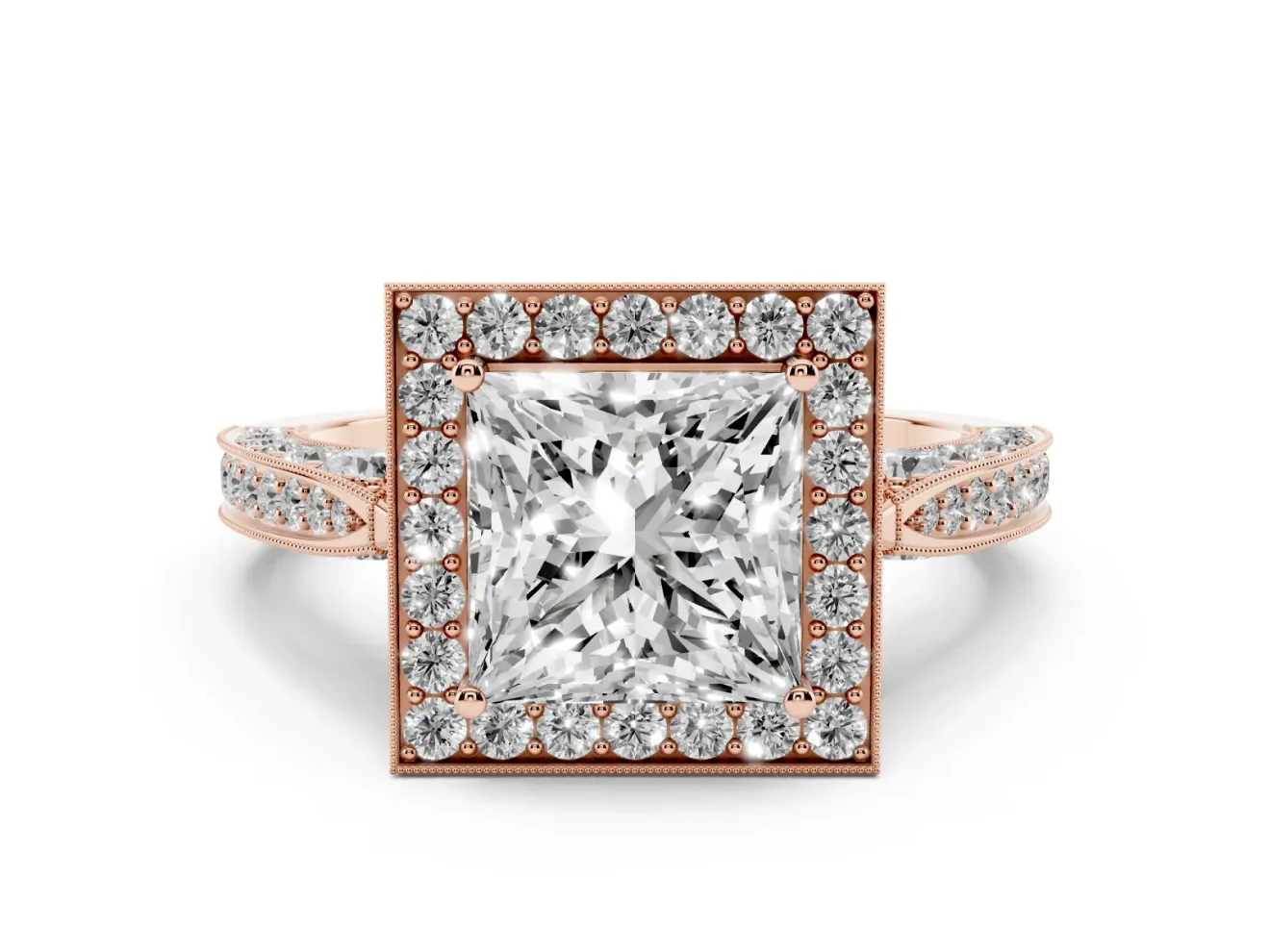 Princess Cut Vintage Milgrain Halo Engagement Ring Setting | Side Stones and Pave | Rose Gold