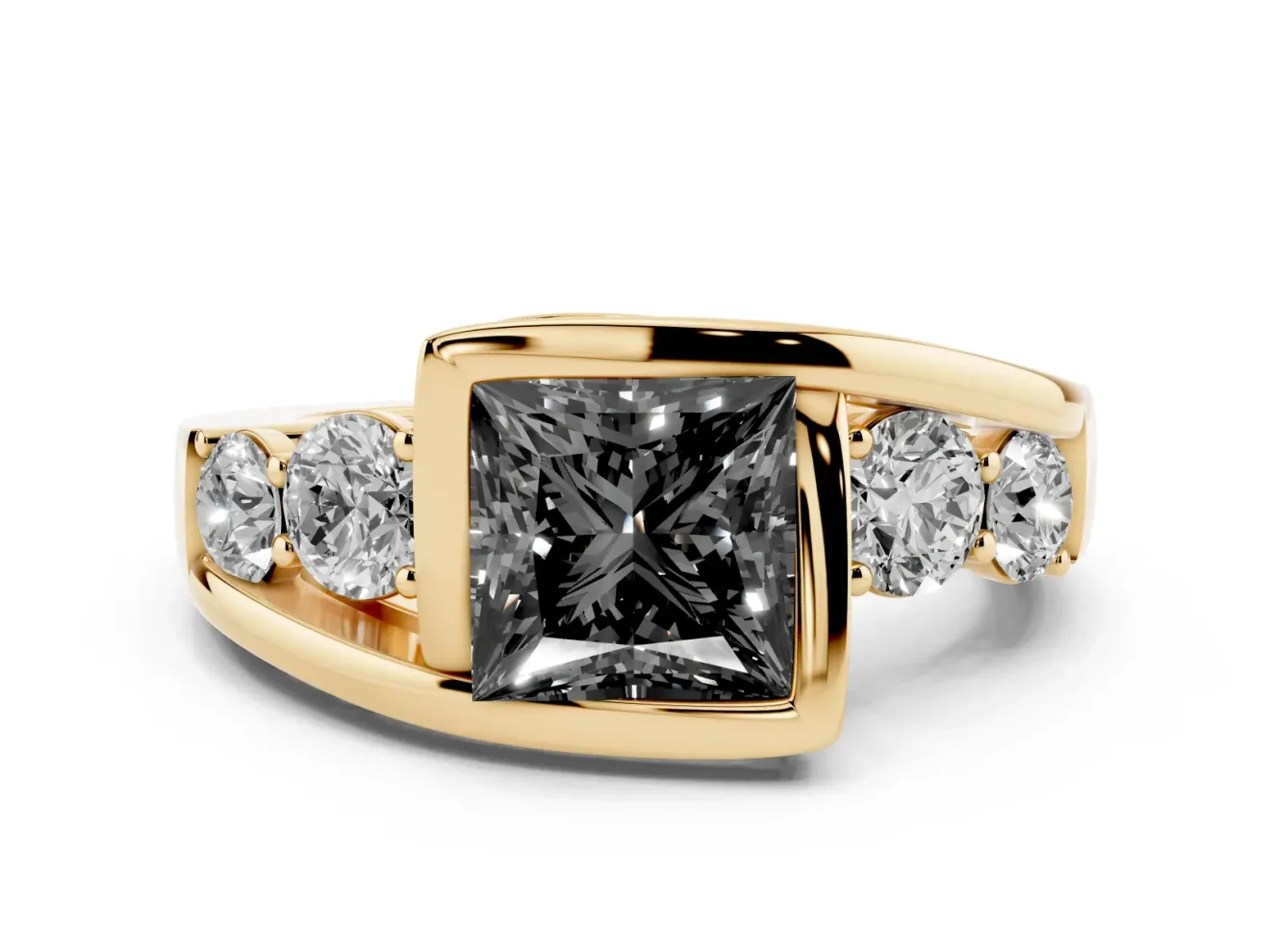 Fancy Black Princess Cut Diamond Bezel Bypass Ring Set in Yellow gold with Round Accents