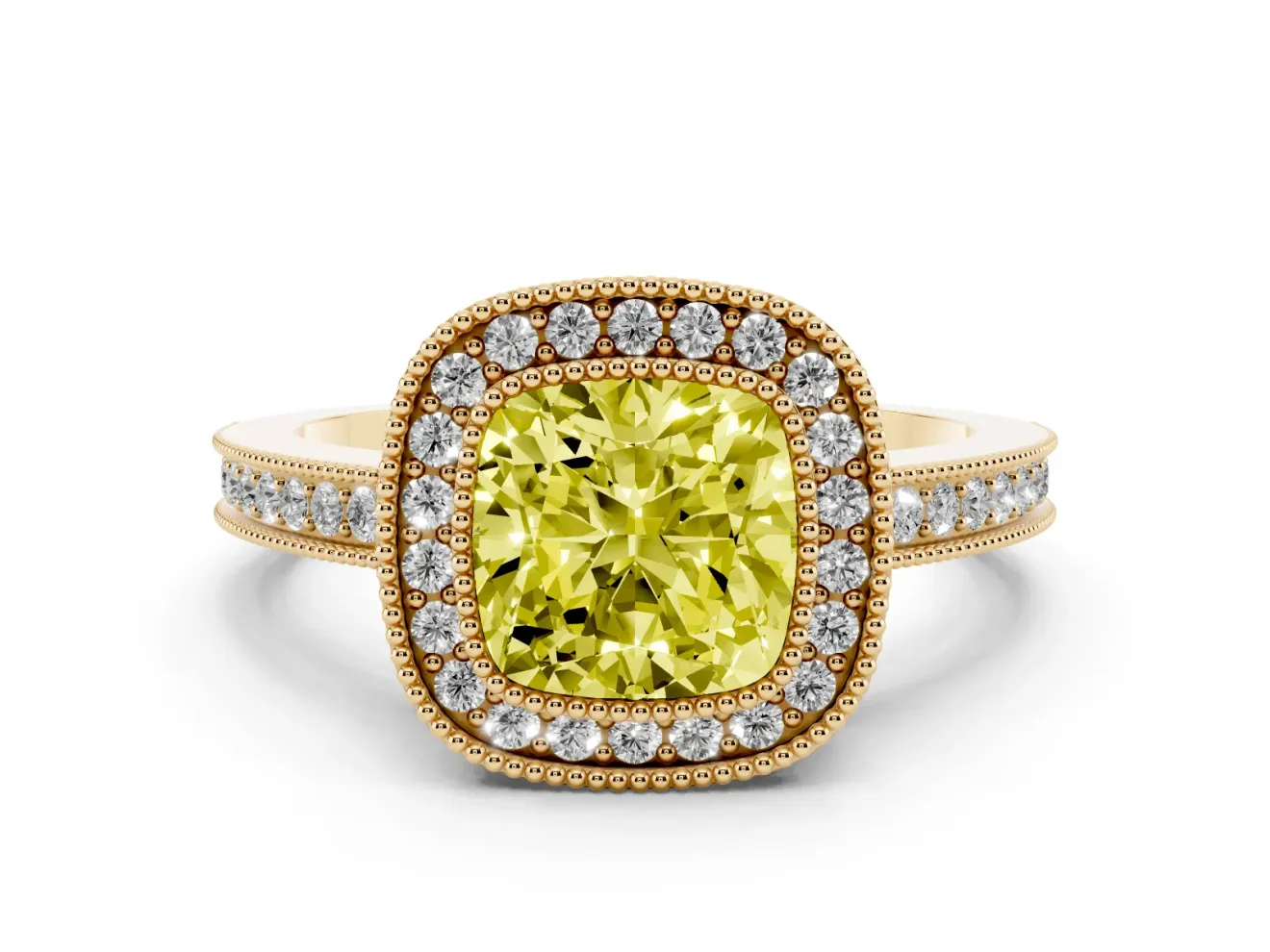 Fancy Yellow Cushion Cut Diamond Halo Ring Set in Yellow gold with Pavé Band and Milgrain-Edged Prongs