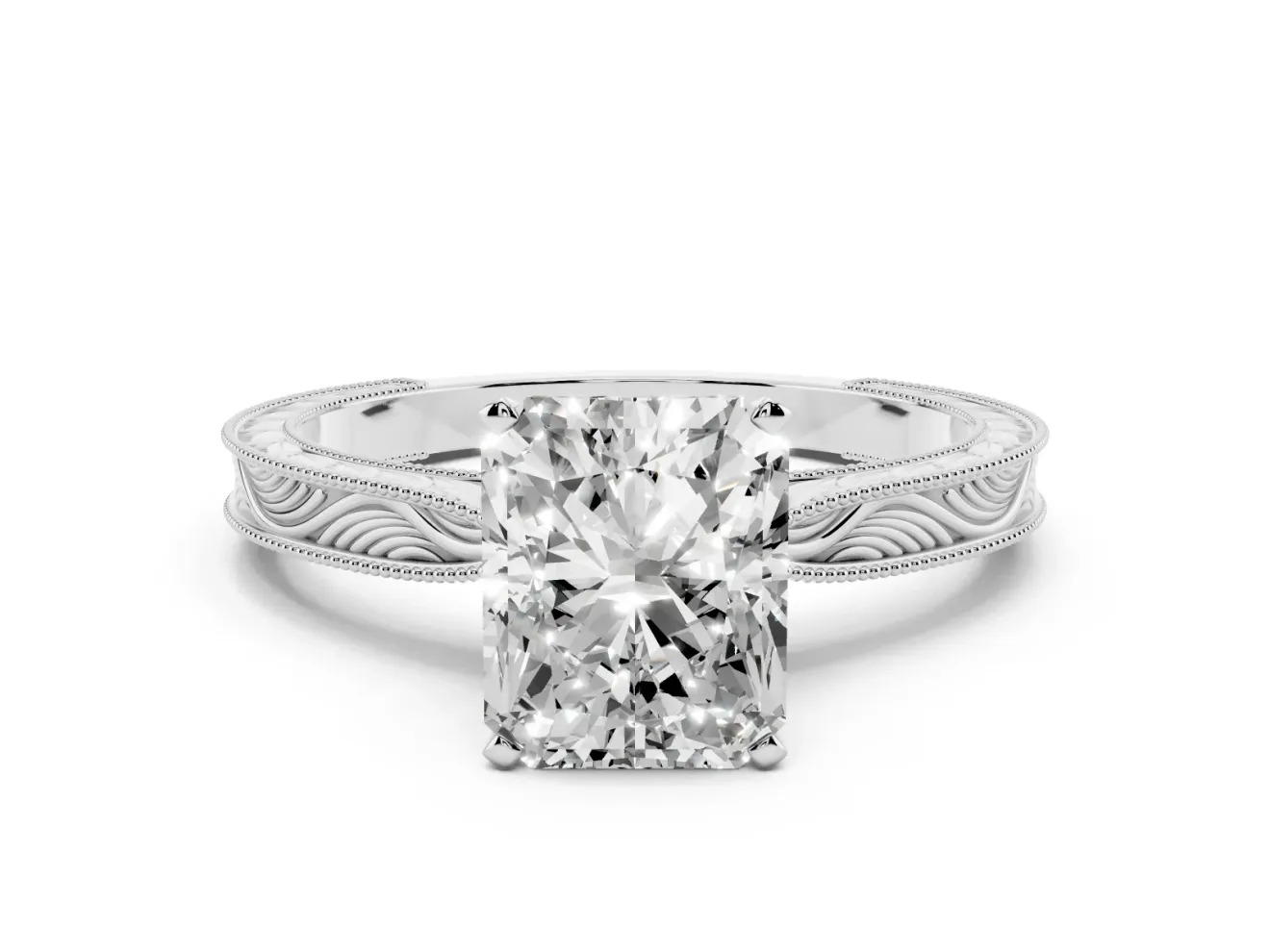 Radiant Cut Engraved Solitaire Engagement Ring Setting | Milgrain Edges | Sterling Silver