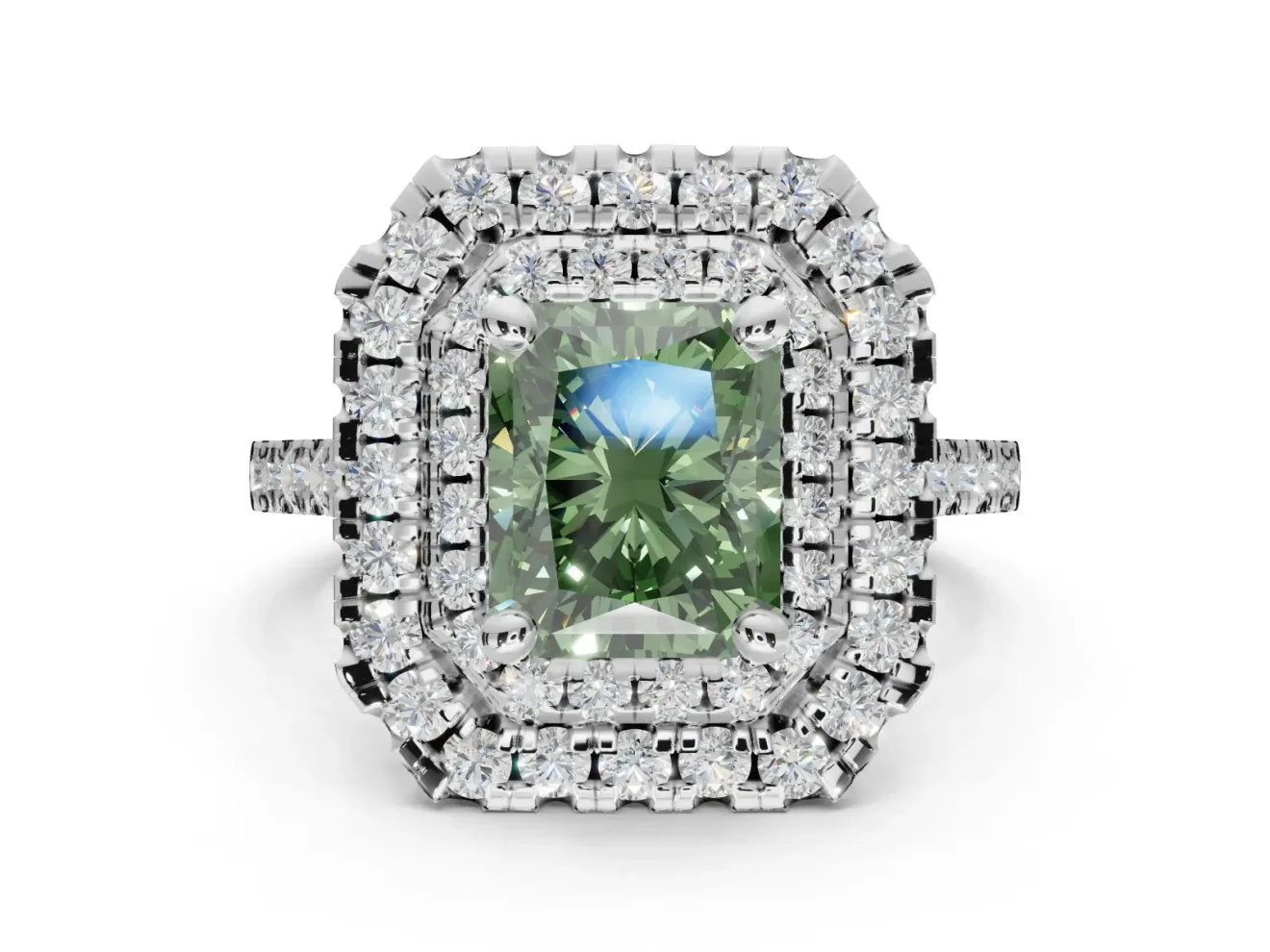 Fancy Green Radiant Cut Lab-Grown Diamond Double Halo Statement Ring Set in Sterling Silver with Pavé Band