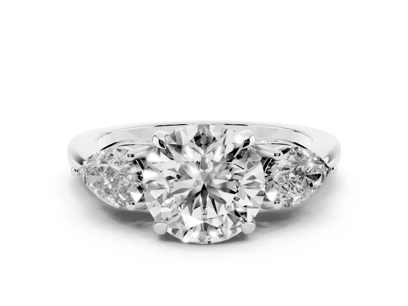 Round Three Stone Engagement Ring Setting | Pear Side Stones | Sterling Silver