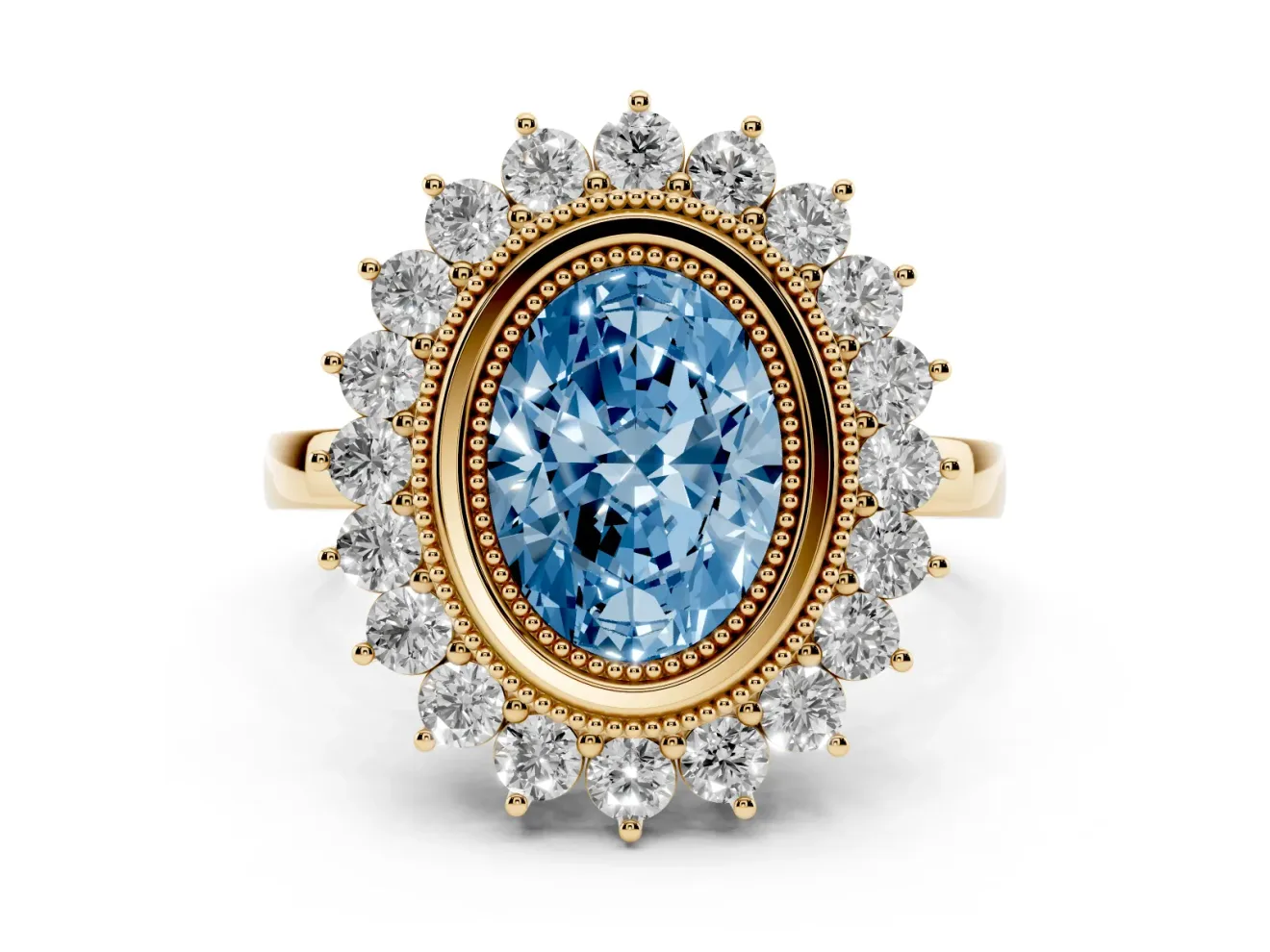 Fancy Blue Oval Cut Diamond Halo Ring Set in Yellow gold with Milgrain Edge and Round Prong Setting