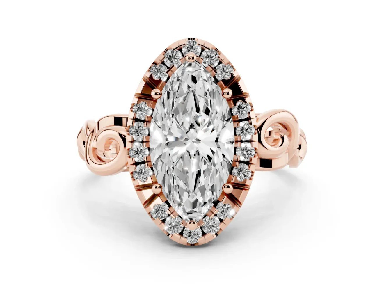 Marquise Cut Diamond Halo Ring Set in Rose gold with Scrollwork Band and Prong Setting