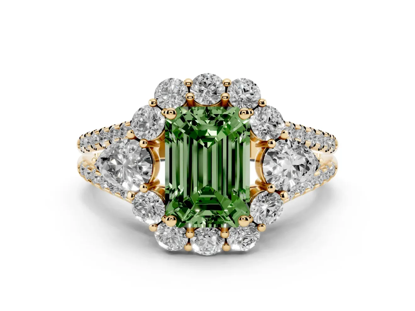 Emerald Cut Scalloped Halo Engagement Ring Setting for a Fancy Green Lab-Grown Diamond | Pear Side Stones | Yellow Gold