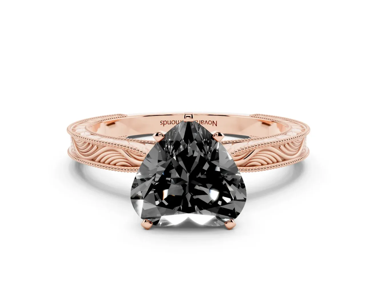 Heart-Shaped Engraved Solitaire Engagement Ring Setting for a Black Center | Rose Gold