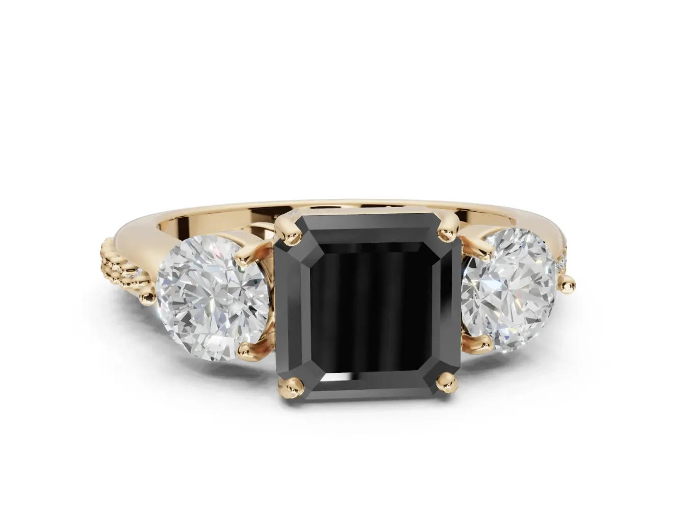 Fancy Black Asscher Cut Lab-Grown Diamond Three-Stone Ring Set in Yellow Gold with Channel-Set Band and Prong Setting