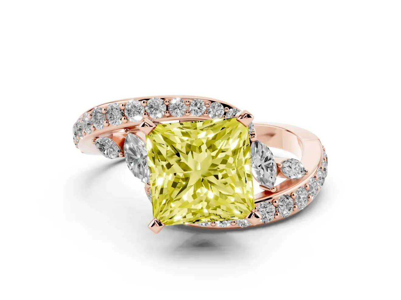 Fancy Yellow Princess Cut Diamond Solitaire Ring Set in Rose gold with Pavé Twist Band and Secure Prong Setting