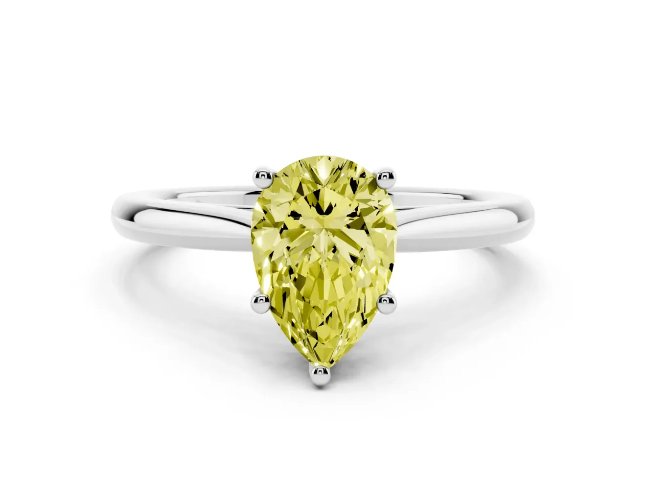Fancy Yellow Pear Cut Diamond Solitaire Ring Set in Platinum with Cathedral Band and Prong Setting