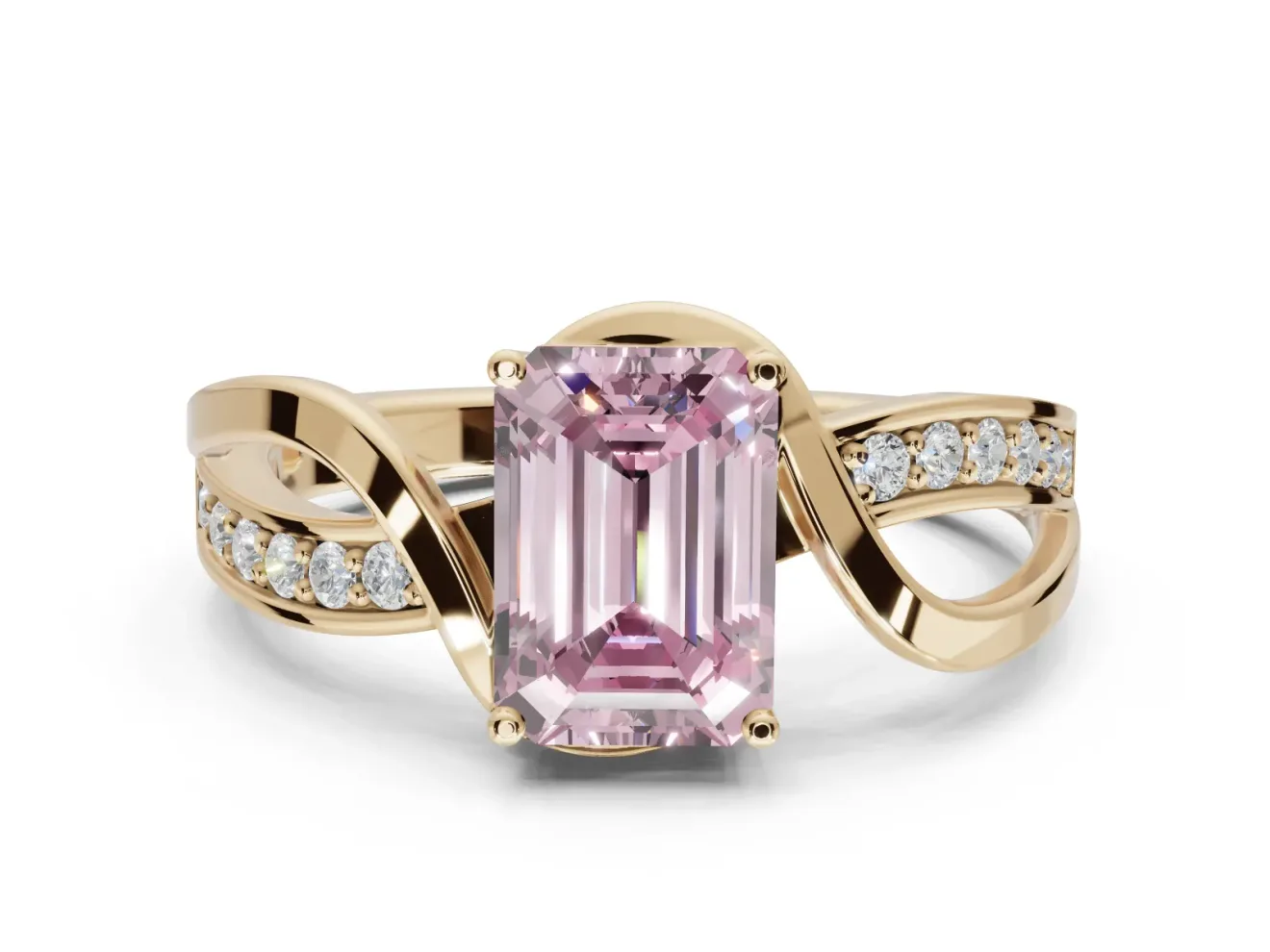 Emerald Cut Bypass Solitaire Engagement Ring Setting for a Fancy Pink Lab-Grown Diamond | Pavé Strands | Yellow Gold