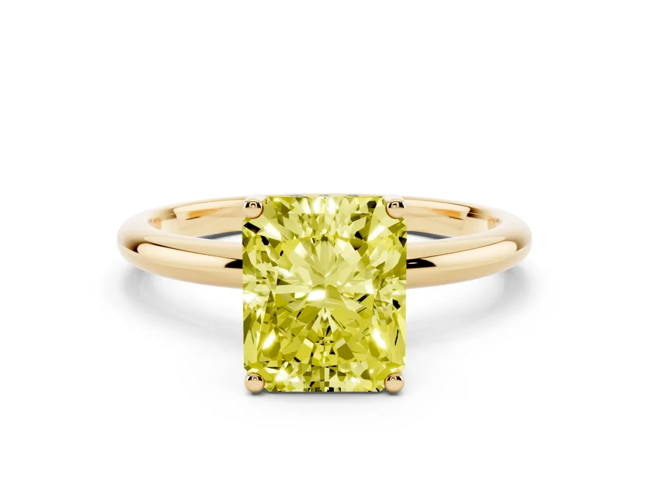 Fancy Yellow Radiant Cut Diamond Solitaire Engagement Ring Set in Yellow gold with Prong Setting and Polished Band