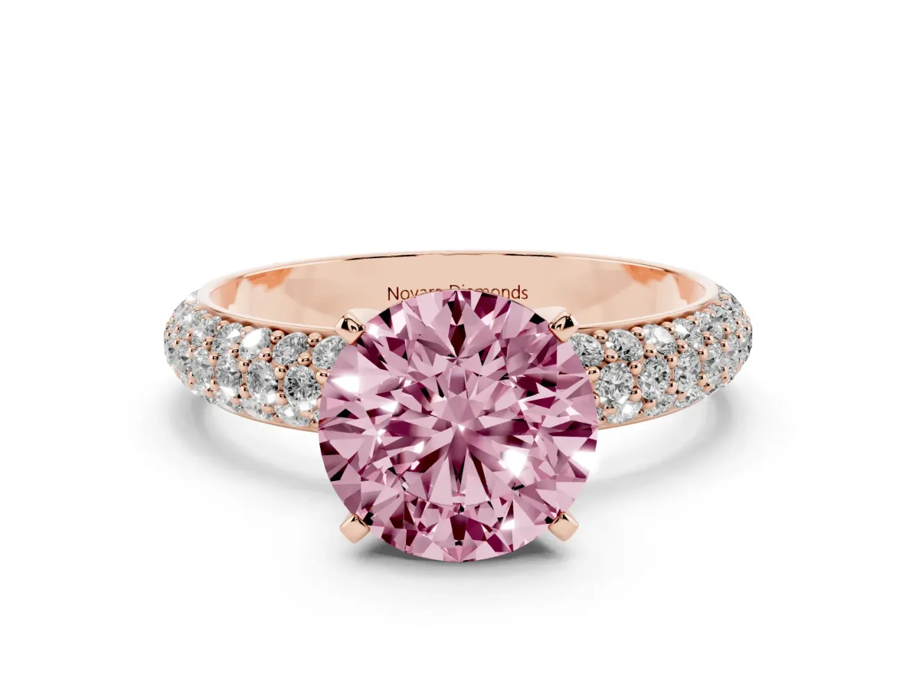 Fancy Pink Round Cut Diamond Solitaire Ring Set in Rose gold with Prong Setting and Pavé-Set Band