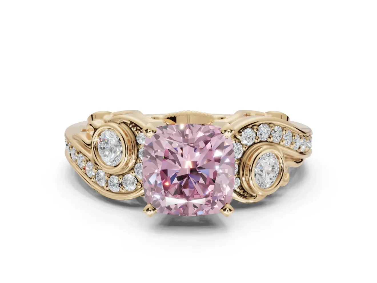 Cushion Cut Swirl Engagement Ring Setting for a Fancy Pink Lab-Grown Diamond | Yellow Gold
