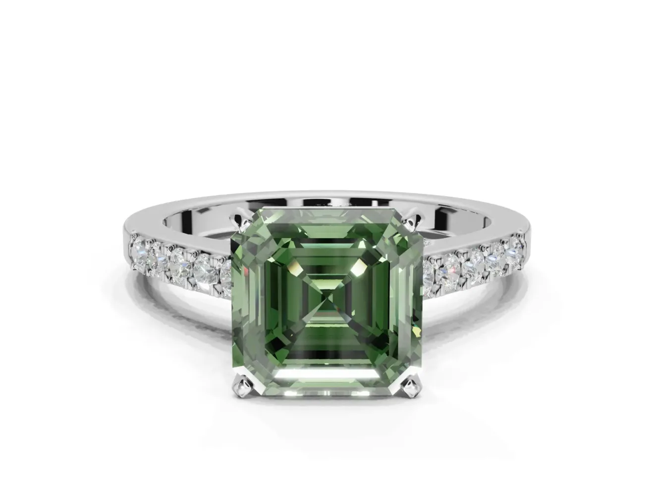 Asscher Cut Pavé Engagement Ring Setting for a Fancy Green Lab-Grown Diamond | Crossover Gallery | Sterling Silver
