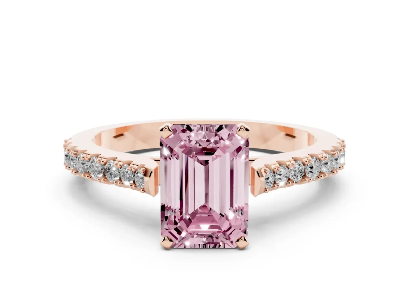 Fancy Pink Emerald Cut Diamond Solitaire Engagement Ring Set in Rose gold with Delicate Pavé Band and Prong Setting