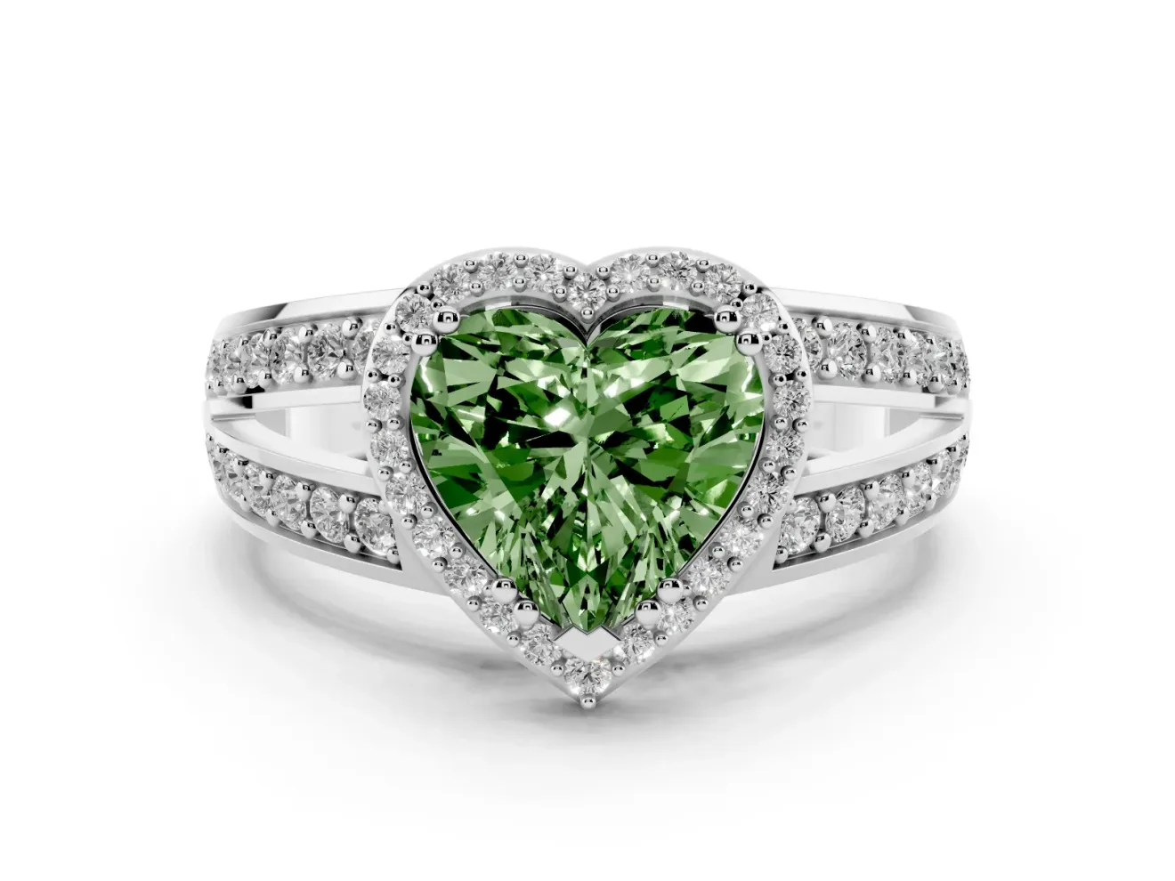 Fancy Green Heart Cut Diamond Halo Ring Set in Platinum with Double Pavé Split Shank
