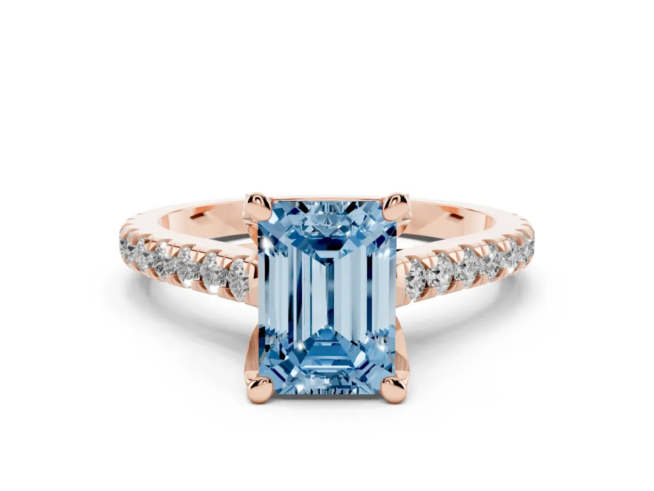 Emerald Cut Hidden Halo Pave Engagement Ring Setting for a Fancy Blue Lab-Grown Diamond | Claw Prongs | Rose Gold
