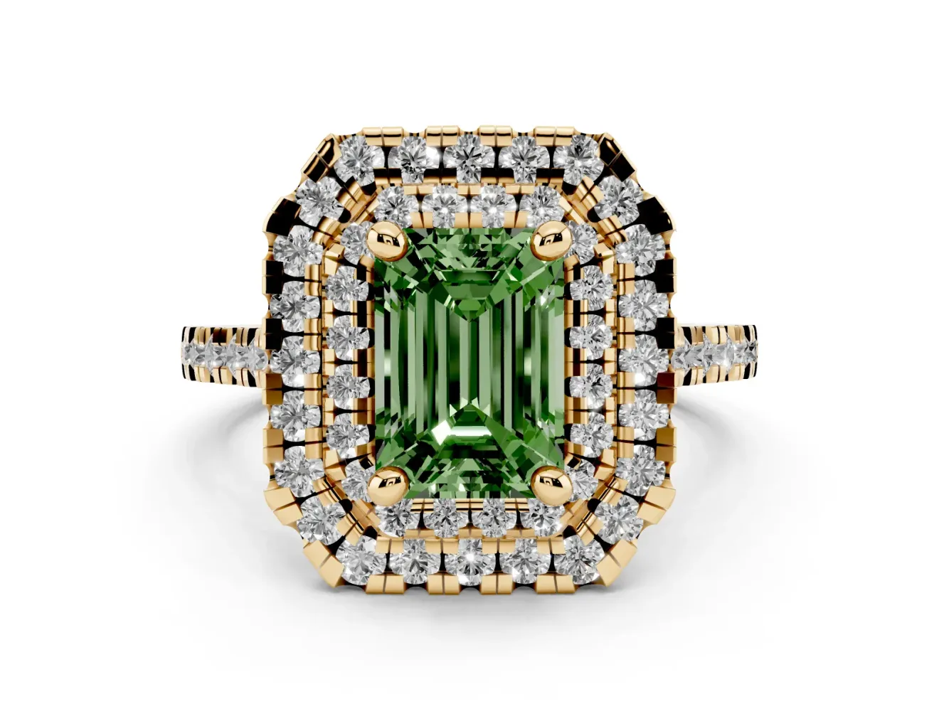 Emerald Cut Double Halo Engagement Ring Setting for a Fancy Green Lab-Grown Diamond | Pave Shoulders | Yellow Gold