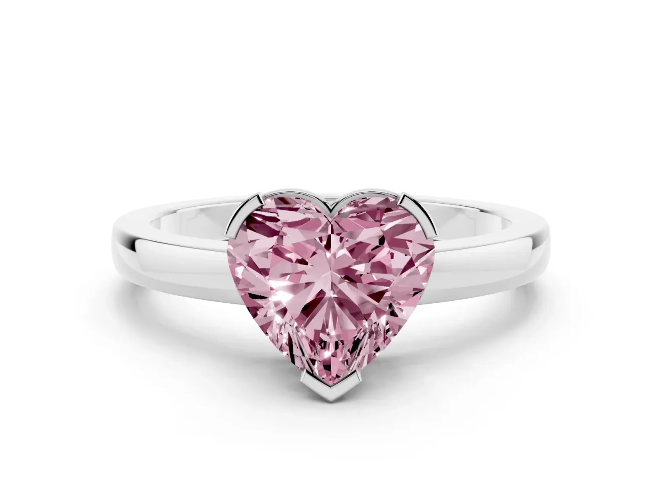 Fancy Pink Heart Cut Diamond Solitaire Ring Set in Platinum with Prong Head and Smooth Polished Band
