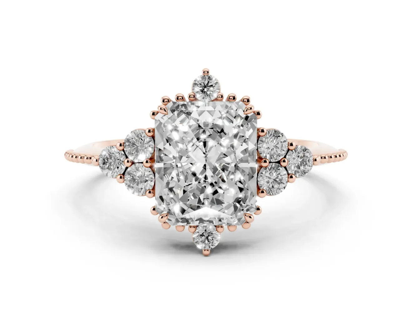 Radiant Cut Diamond Cluster Ring Set in Rose gold with Beaded Band
