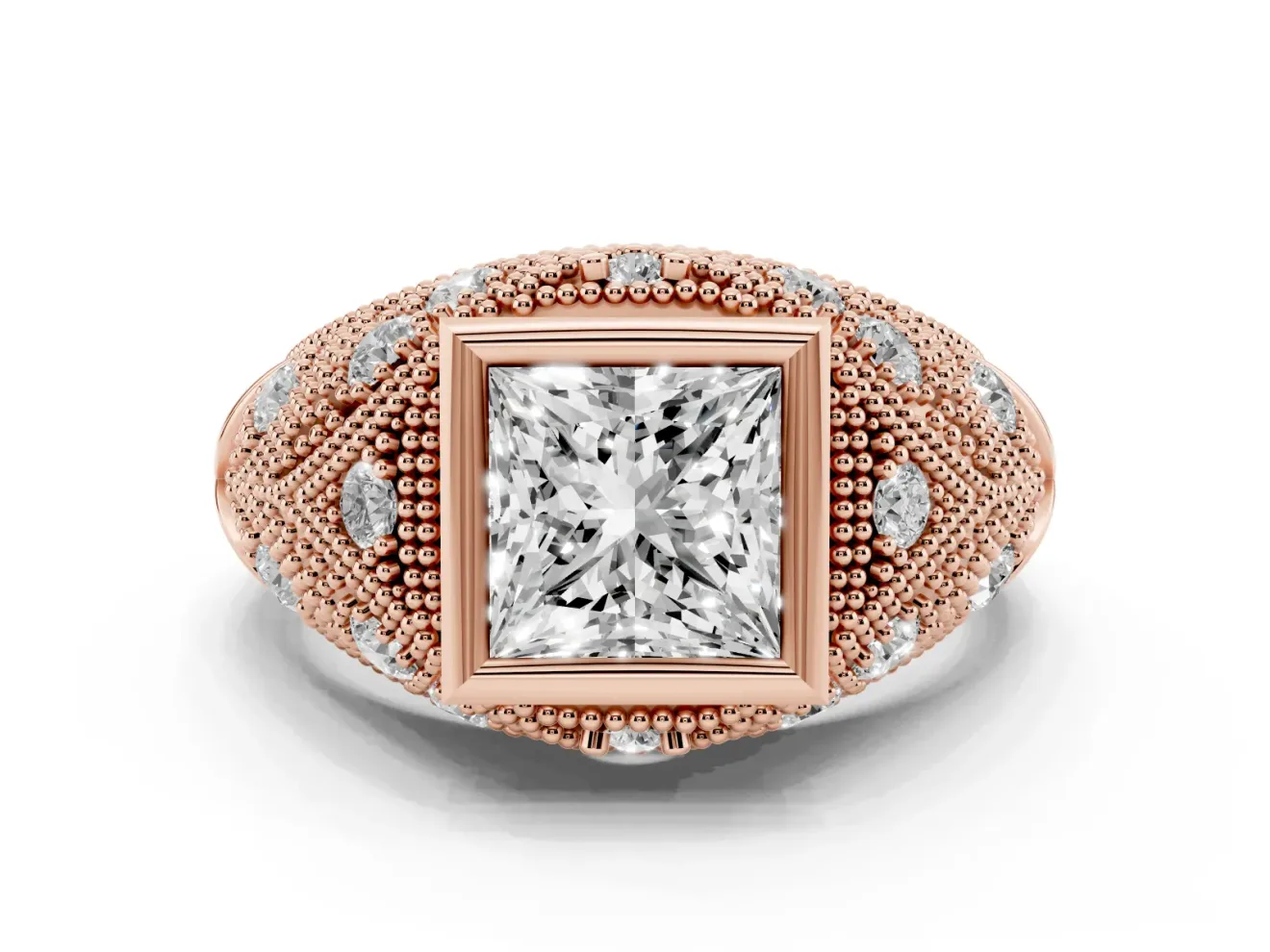Princess Cut Vintage Bezel Engagement Ring Setting | Beaded Paisley Shoulders | Rose Gold