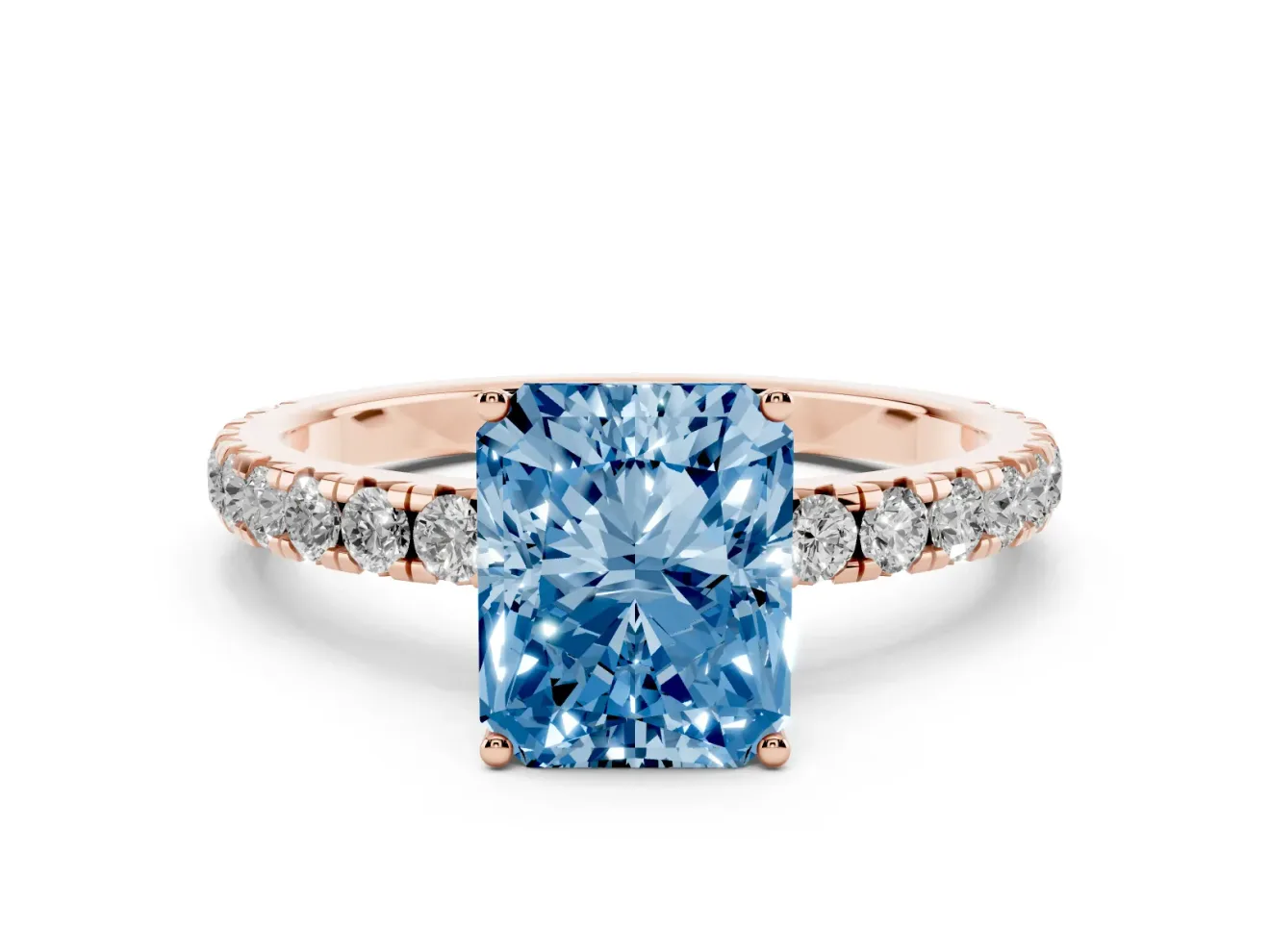 Radiant Cut Pave Solitaire Engagement Ring Setting for a Fancy Blue Lab-Grown Diamond | Shared Prong Band | Rose Gold