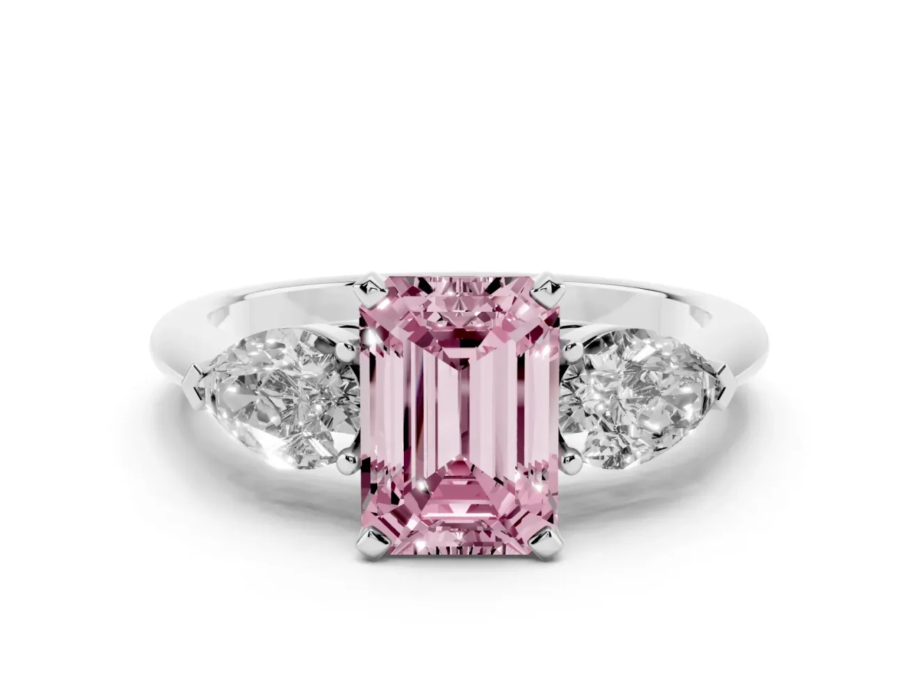 Fancy Pink Three-Stone Emerald Cut Diamond Ring Set in Platinum with Pear Side Stones and Prong Setting