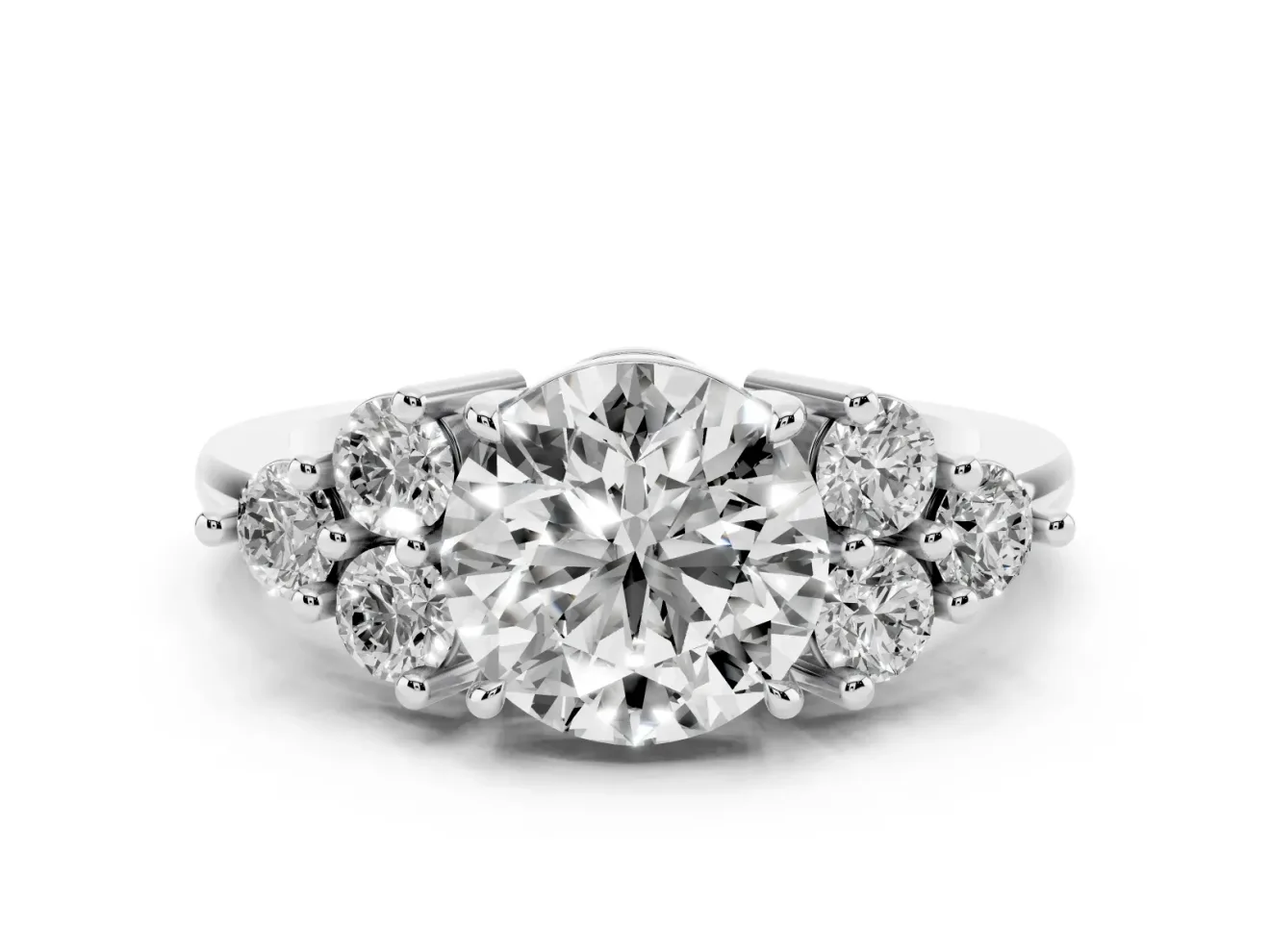 Round Cluster Side Stone Engagement Ring Setting | Plain Band | Sterling Silver