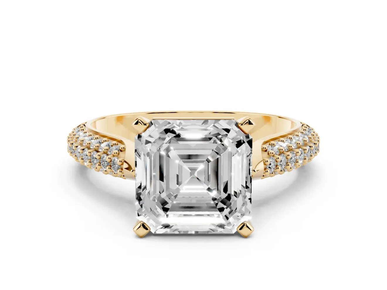 Asscher Cut Diamond Solitaire Engagement Ring Set in Yellow gold with Multi-Row Round Pavé Band and Prong Setting