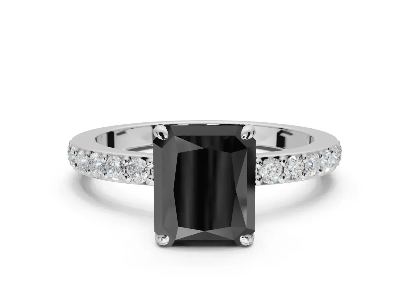 Radiant Cut Hidden Halo Solitaire Engagement Ring Setting for a Black Center | Pavé Band | Platinum