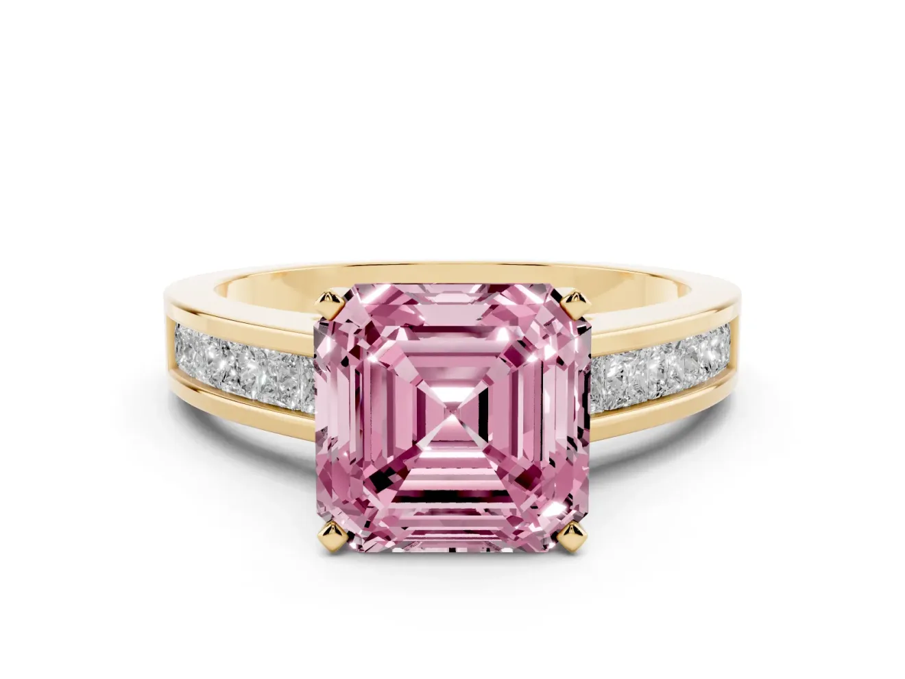 Fancy Pink Asscher Cut Diamond Solitaire Ring Set in Yellow gold with Channel-Set Band and Prong Setting
