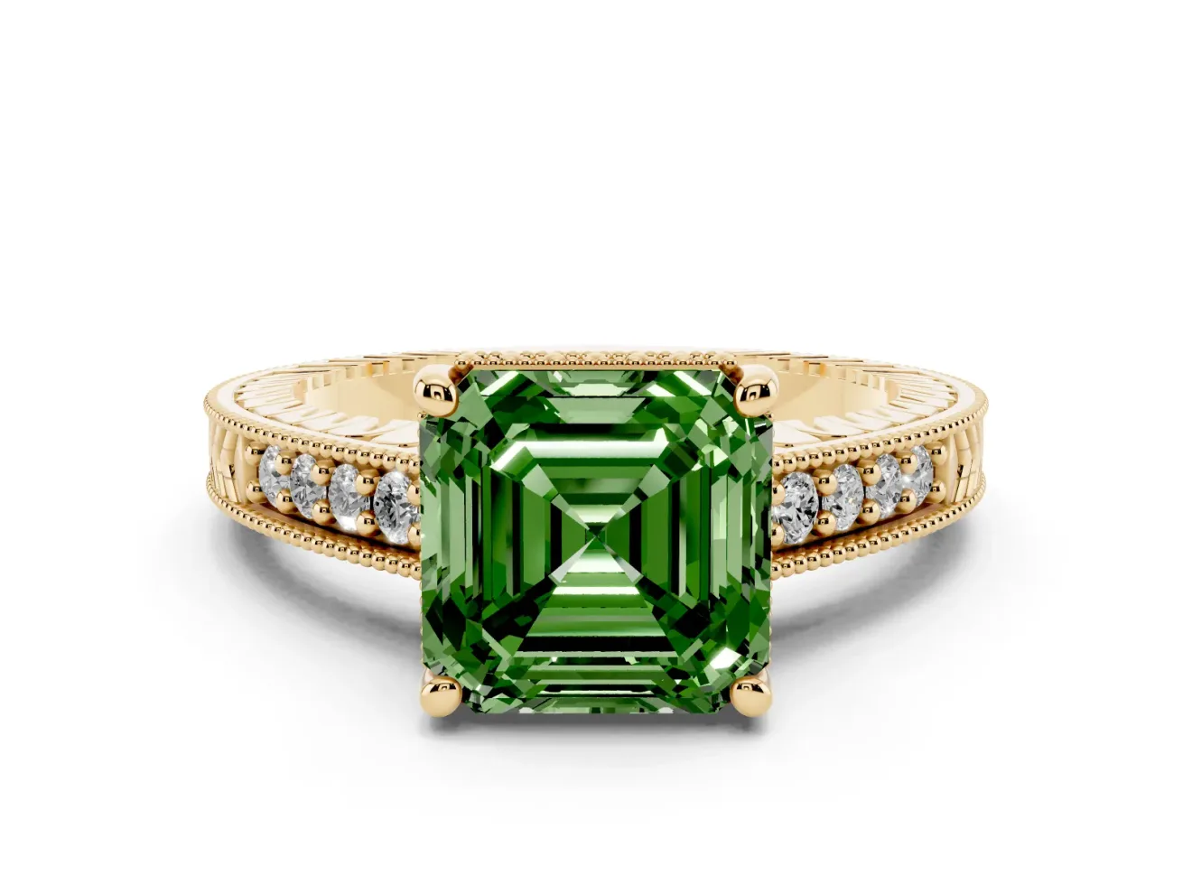 Asscher Cut Engraved Engagement Ring Setting for a Fancy Green Lab-Grown Diamond | Yellow Gold
