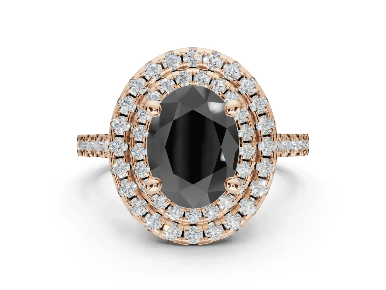 Fancy Black Oval Lab-Grown Diamond Double Halo Statement Ring Set in Rose Gold with Pavé Band