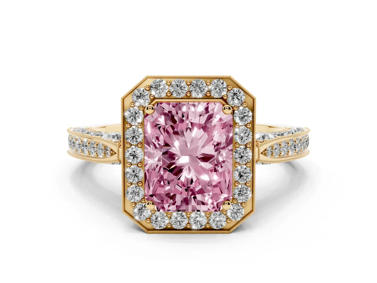 Radiant Cut Milgrain Halo Engagement Ring Setting for a Fancy Pink Lab-Grown Diamond | Side Stones | Yellow Gold
