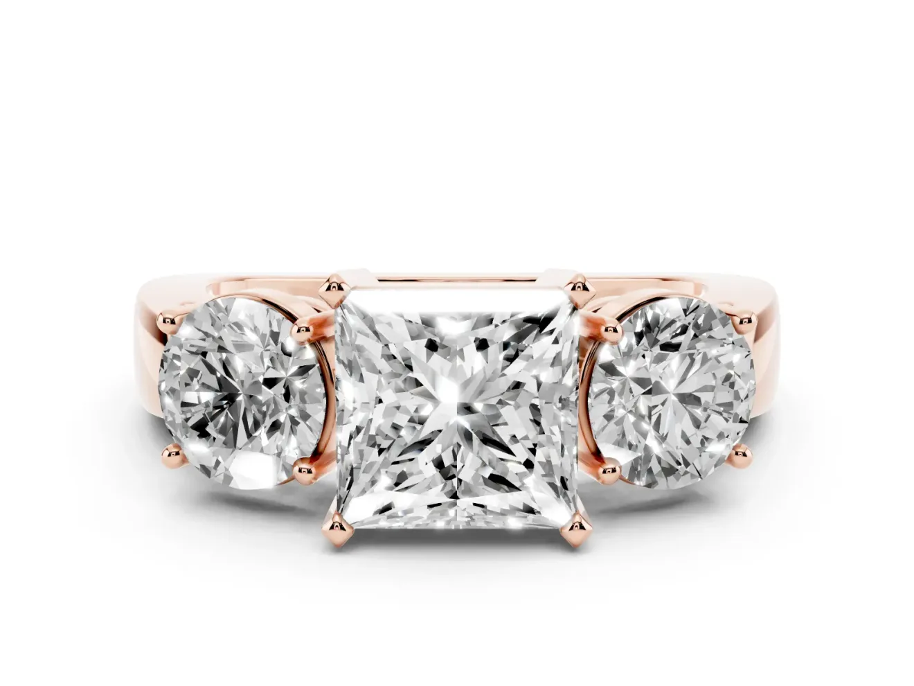 Princess Cut Three Stone Engagement Ring Setting | Wide Plain Band | Rose Gold
