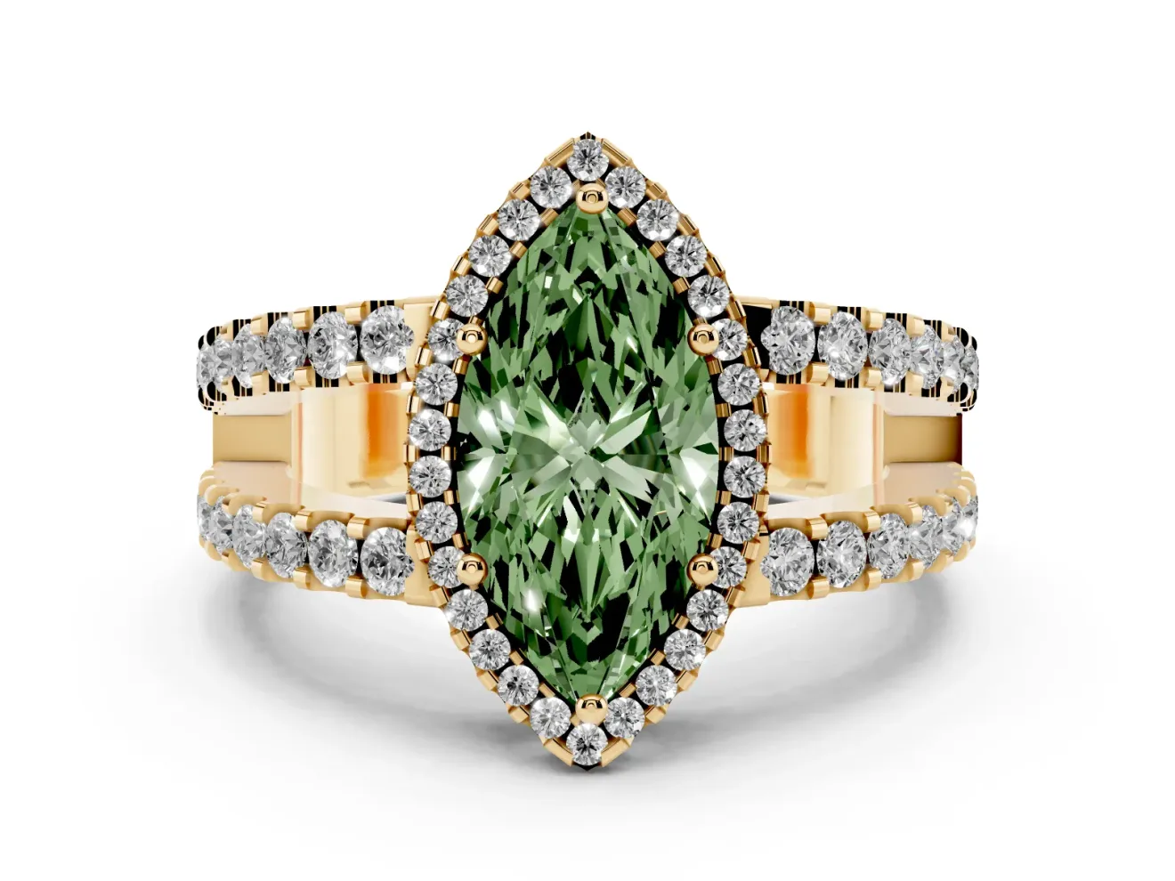 Fancy Green Marquise Cut Diamond Halo Ring Set in Yellow gold with Pavé Split Shank and Prong Setting