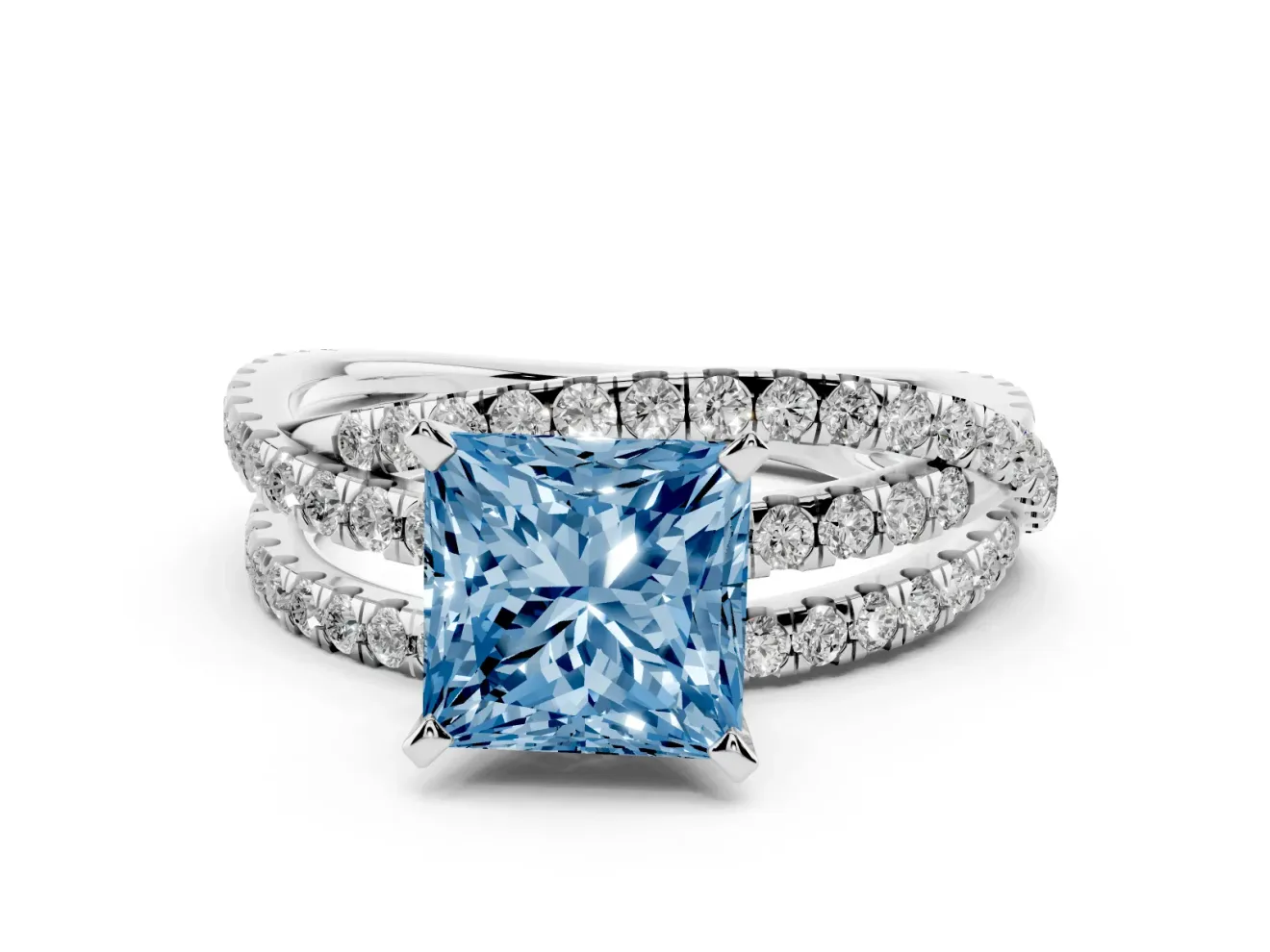 Fancy Blue Princess Cut Diamond Solitaire Twist Band Ring Set in Platinum with Pavé Setting and Prong Head