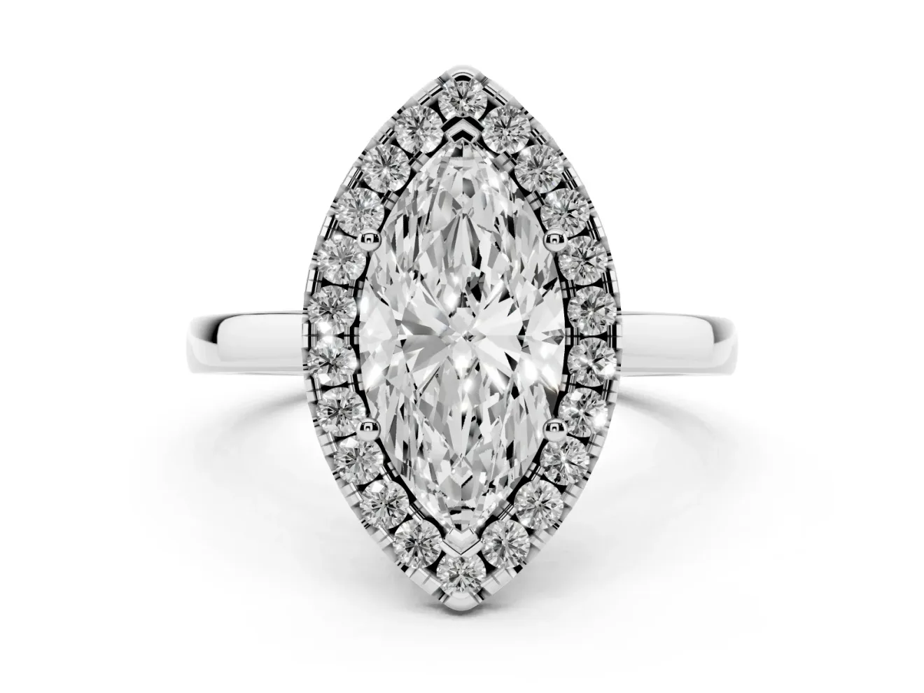 Marquise Cut Diamond Halo Solitaire Ring Set in Silver with Pavé Band and Prong Setting