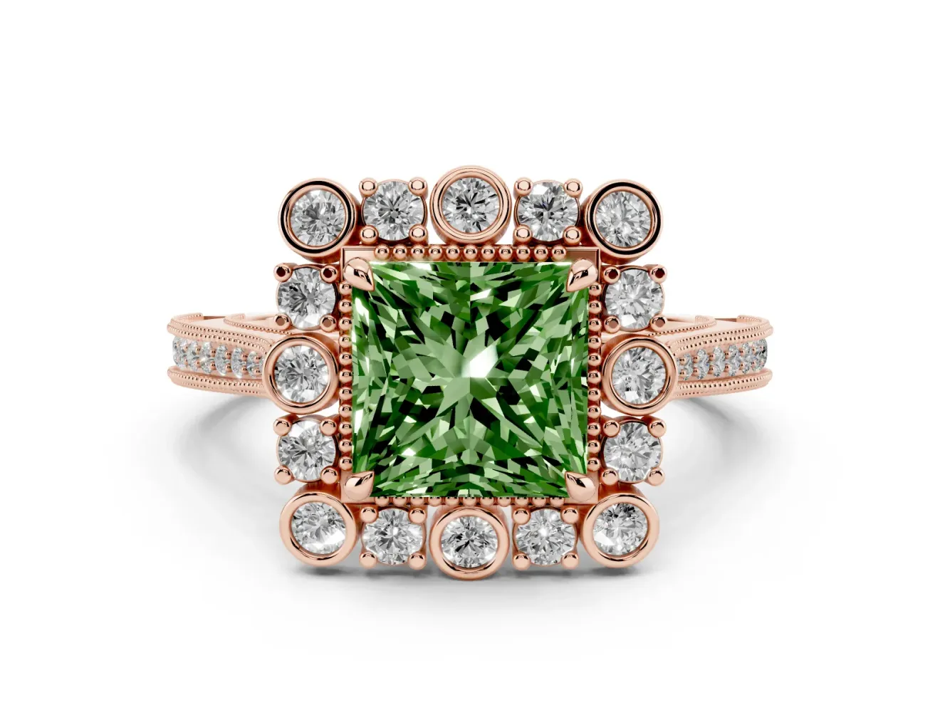 Fancy Green Princess Cut Diamond Halo Milgrain Pavé Ring Set in Rose gold with Prong Setting