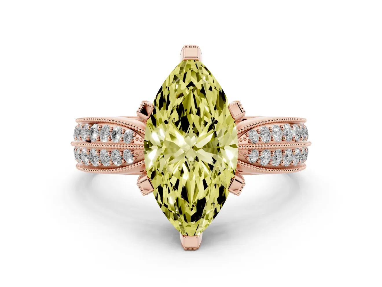 Fancy Yellow Marquise Cut Diamond Solitaire Ring Set in Rose gold with Milgrain Double Row Round Pavé Band