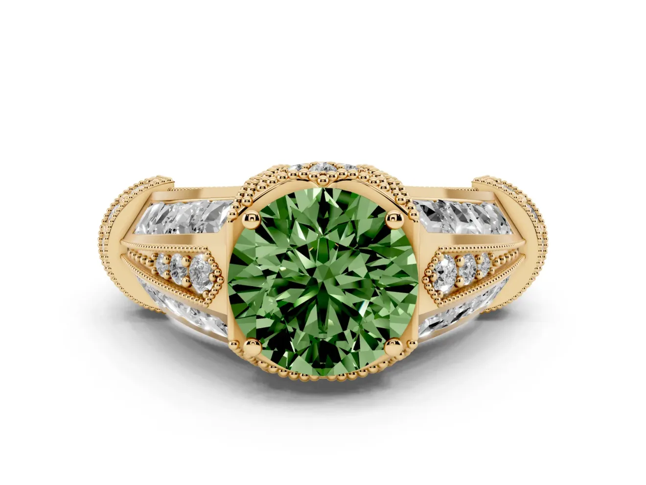 Round Vintage Milgrain Engagement Ring Setting for a Fancy Green Lab-Grown Diamond | Hidden Halo | Yellow Gold