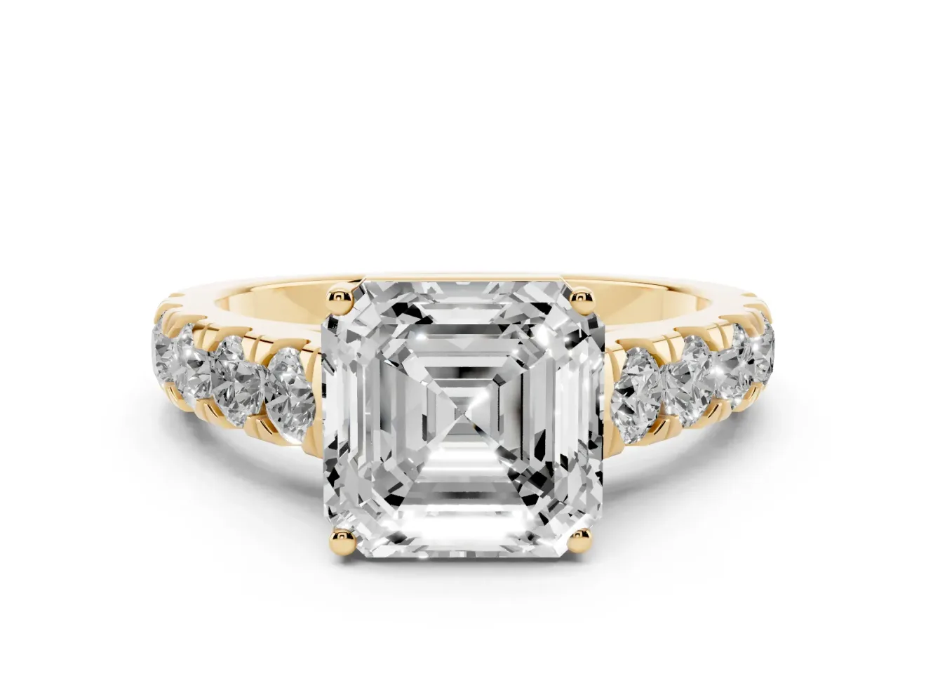 Asscher Cut Cut-Down Side Stone Engagement Ring Setting | Scalloped Shoulders | Yellow Gold
