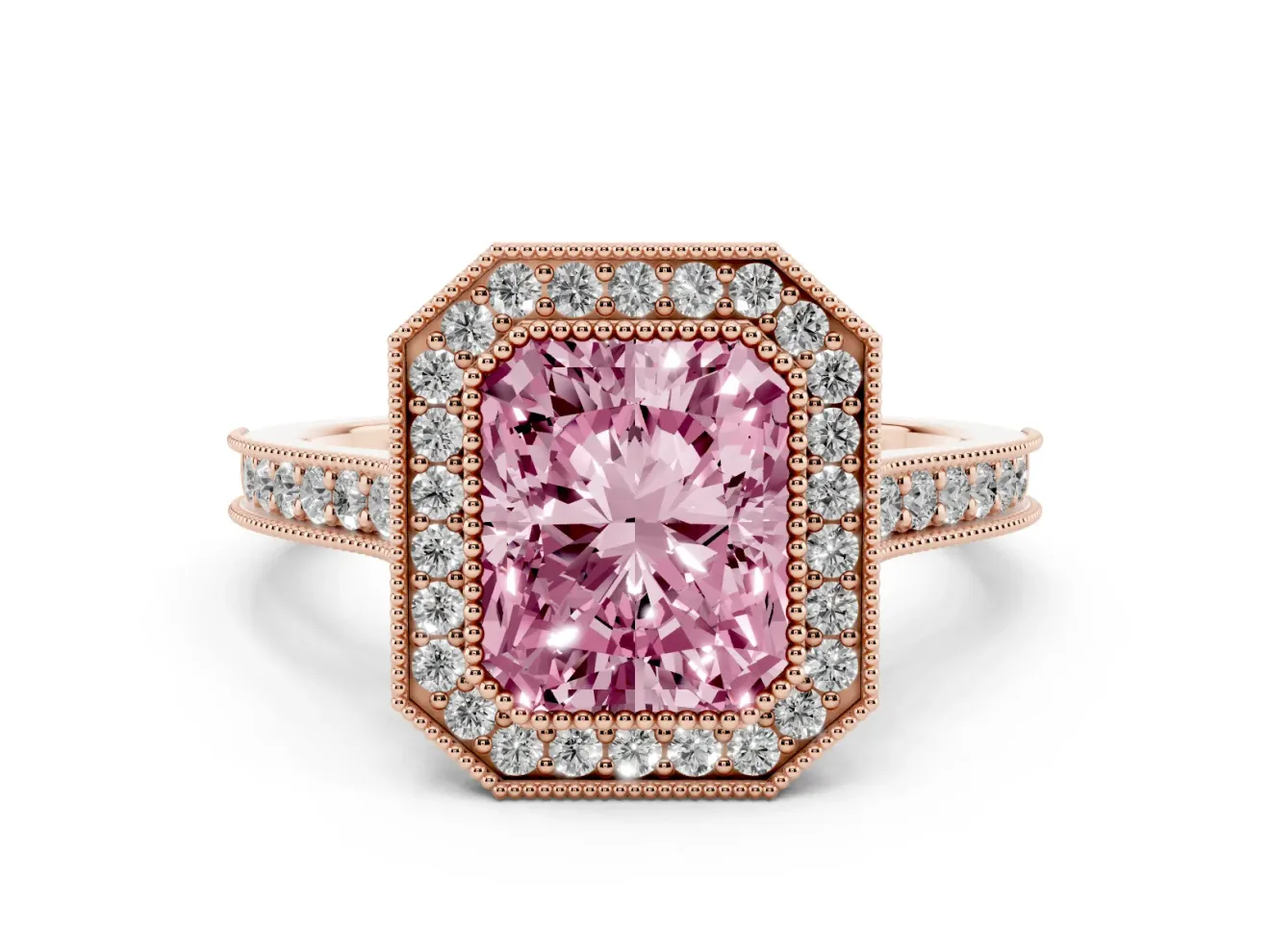 Radiant Cut Vintage Milgrain Halo Engagement Ring Setting for a Fancy Pink Lab-Grown Diamond | Bezel Head | Rose Gold