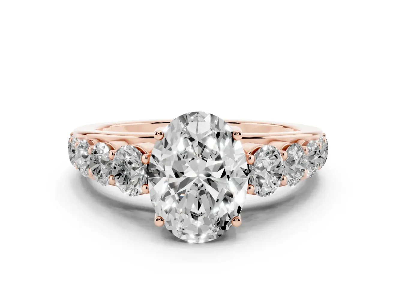 Oval Graduated Side Stone Engagement Ring Setting | Flat Top Band | Rose Gold