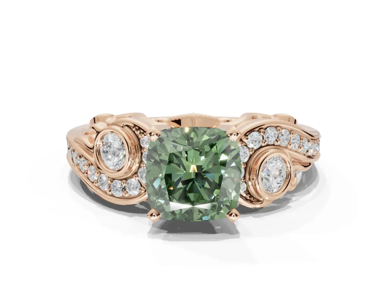 Cushion Cut Swirl Engagement Ring Setting for a Fancy Green Lab-Grown Diamond | Rose Gold