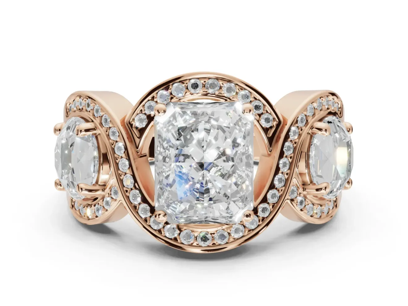 Radiant Cut Three Stone Halo Engagement Ring Setting | Pavé Wave Band | Rose Gold