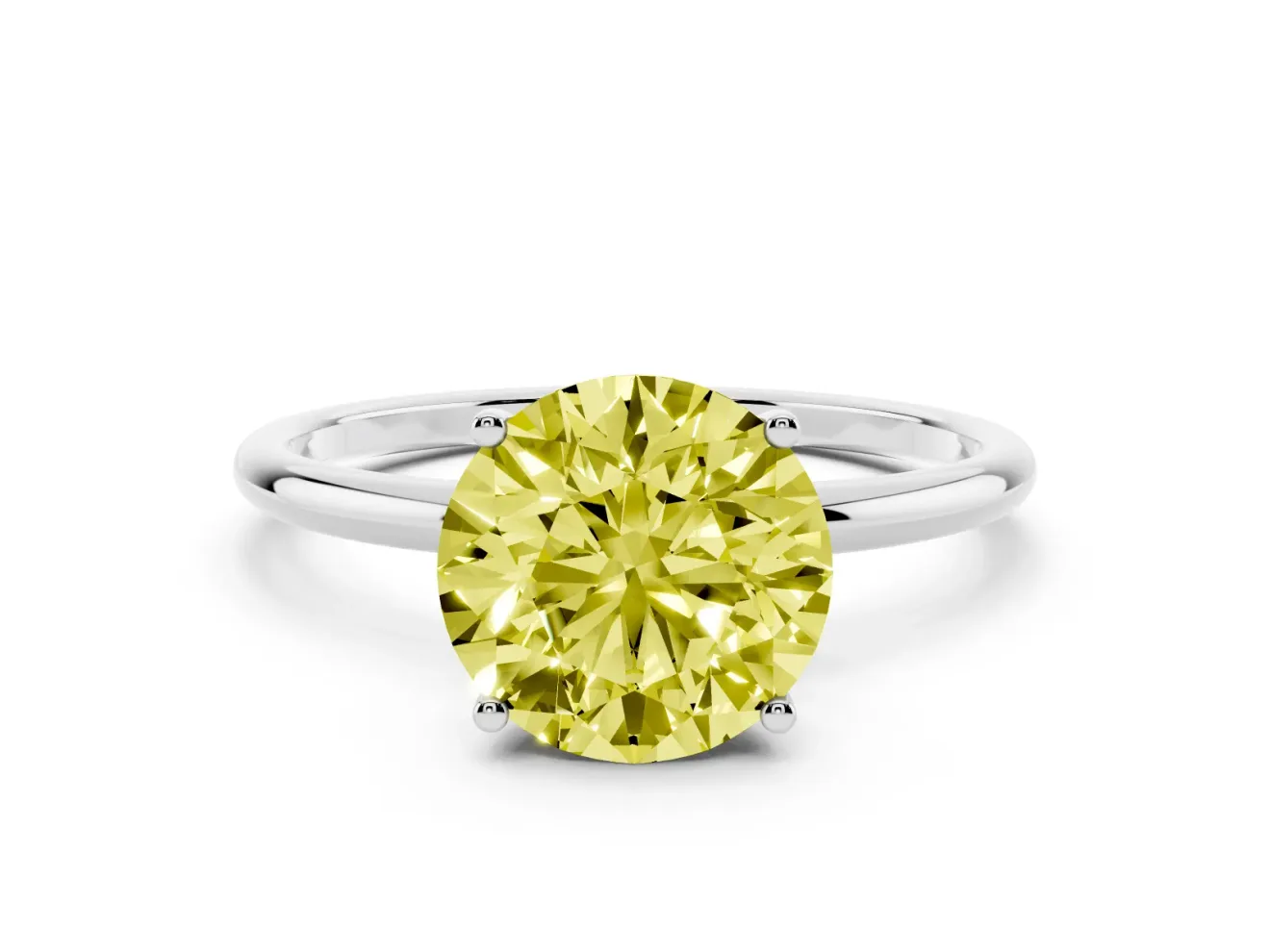 Fancy Yellow Round Cut Diamond Solitaire Engagement Ring Set in Platinum with Thin Band and Prong Setting